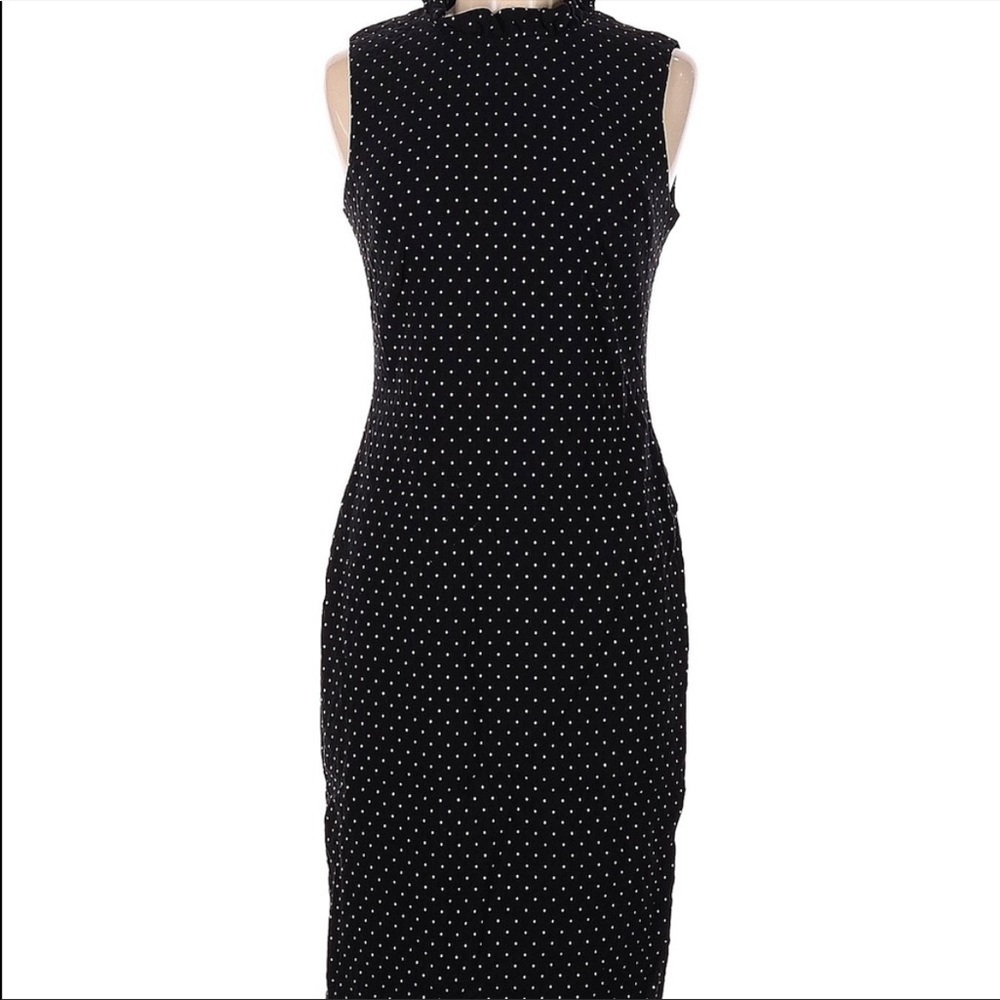 Calvin Klein Embroidered Micro Polka Dot high ruffle mock Neck Sheath Dress 8